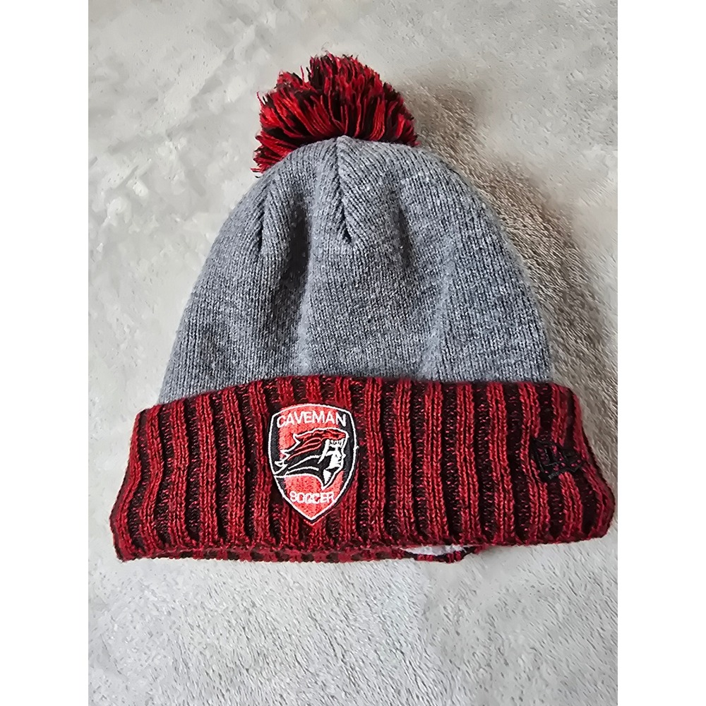 New Era Caveman Soccer Pom Beanie Gray Red Knit Hat Cap